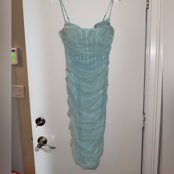 NWT Oh Polly Eftychia Corset Aqua Blue Ruched Mesh Midi Dress Size 6 - Picture 2 of 9